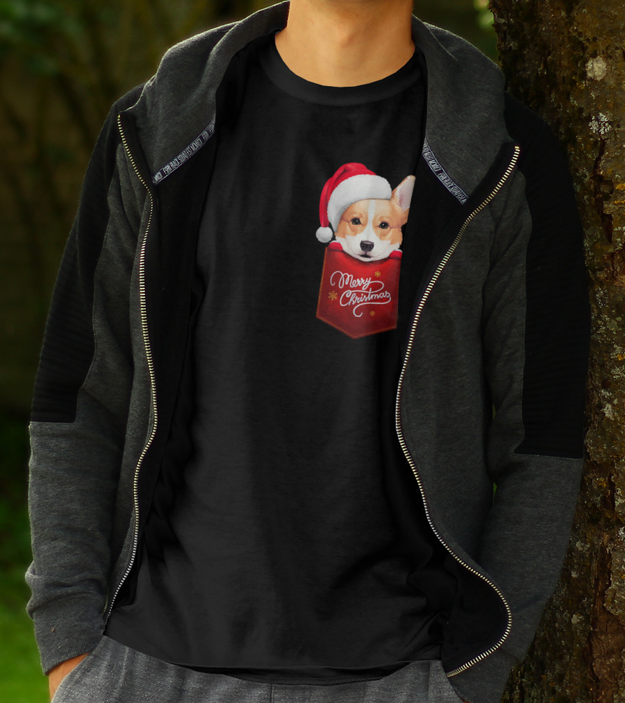 Merry Christmas Welsh Corgi In Santa Hat Pocket T-Shirt