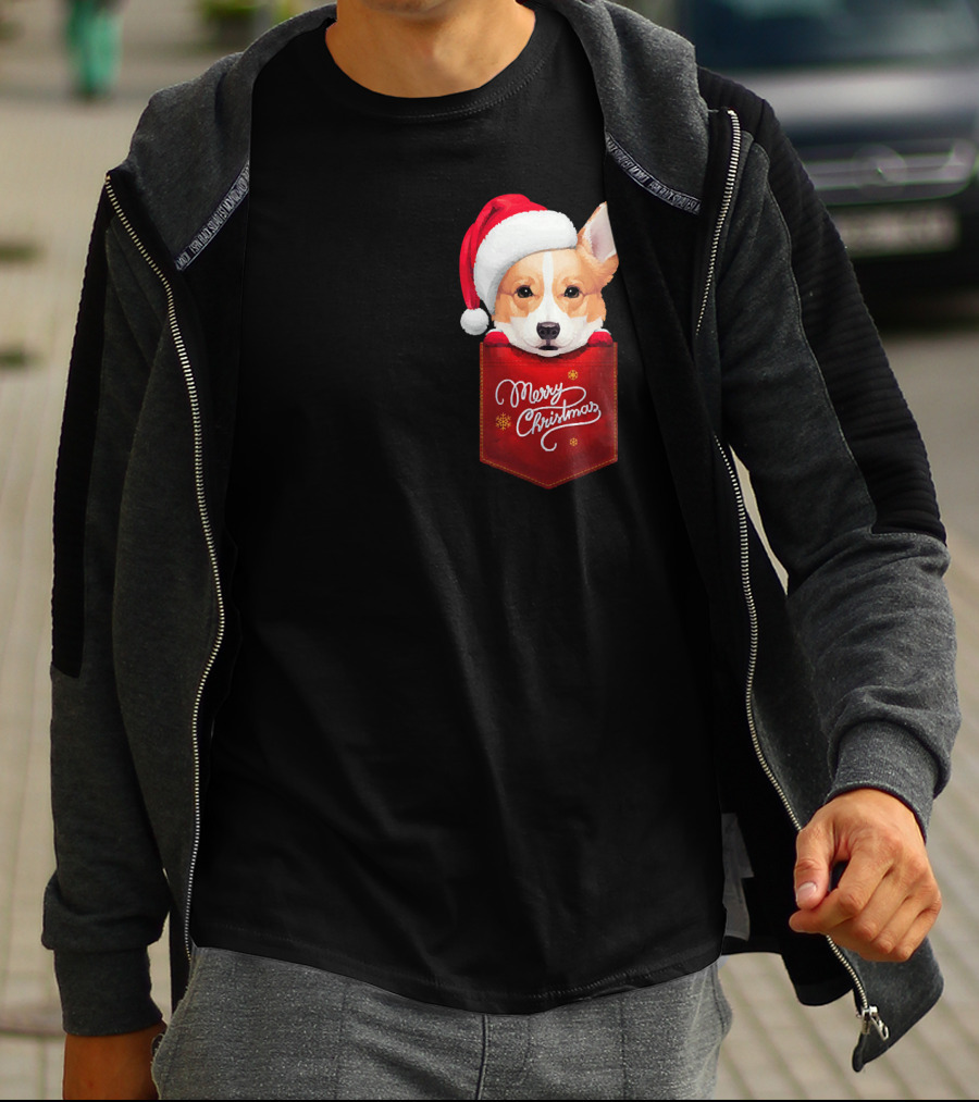 Merry Christmas Welsh Corgi In Santa Hat Pocket T-Shirt