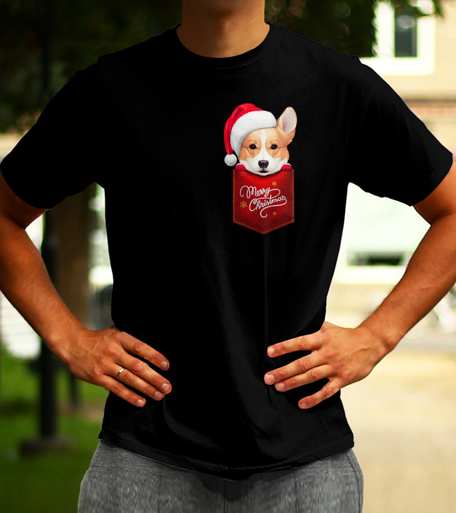 Merry Christmas Welsh Corgi In Santa Hat Pocket T-Shirt
