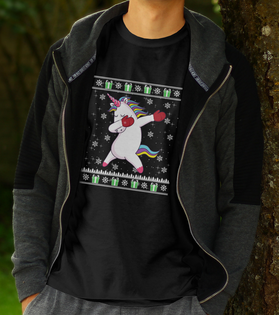 Dabbing Christmas Unicorn With Boxing Gloves Snowflakes And Gifts T-Shirt