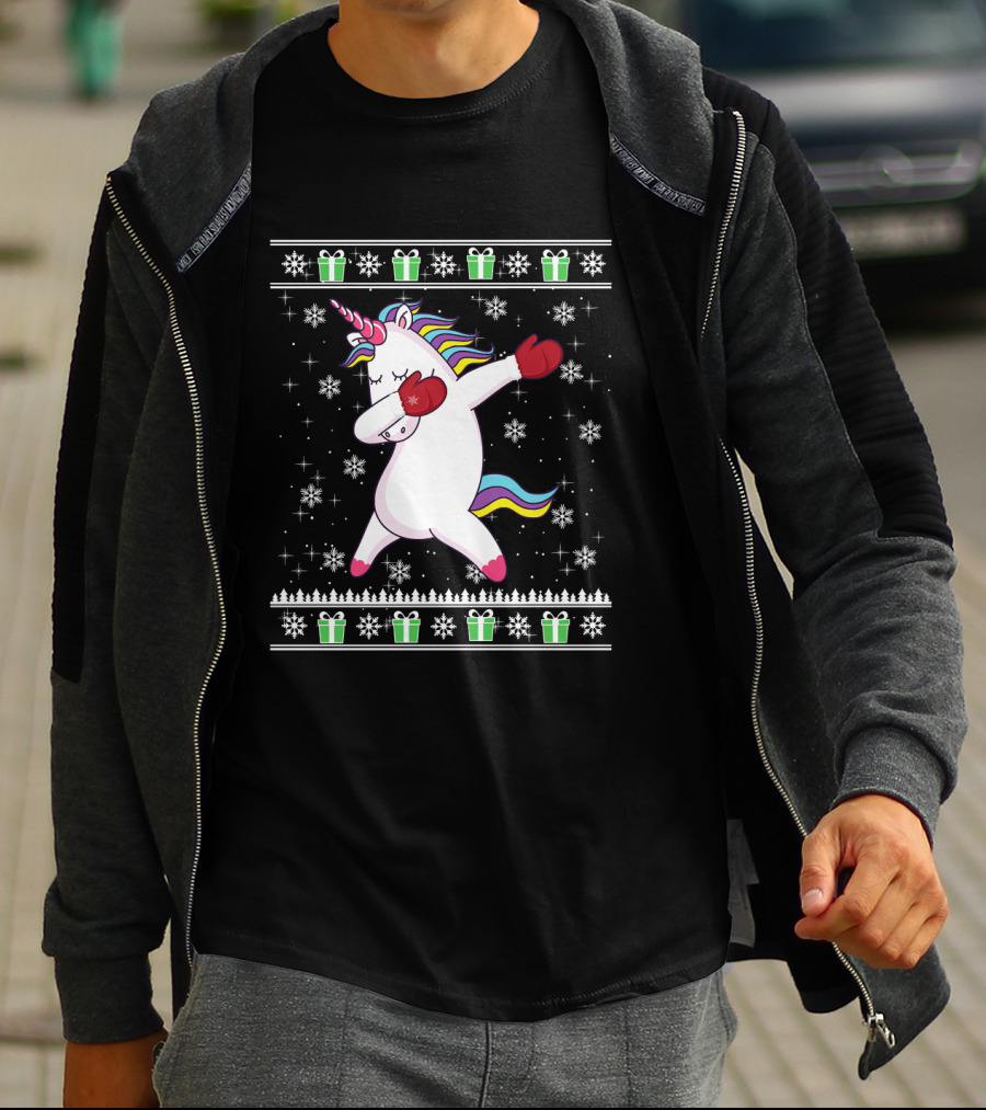 Dabbing Christmas Unicorn With Boxing Gloves Snowflakes And Gifts T-Shirt