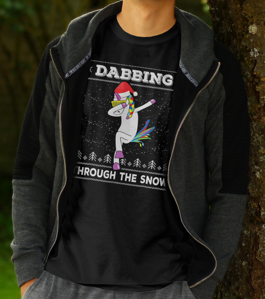 Dabbing Unicorn Through The Snow Santa Hat Christmas T-Shirt