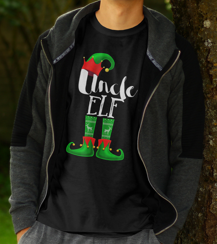 Uncle Elf Christmas Outfit With Santa Hat And Festive Green Boots T-Shirt