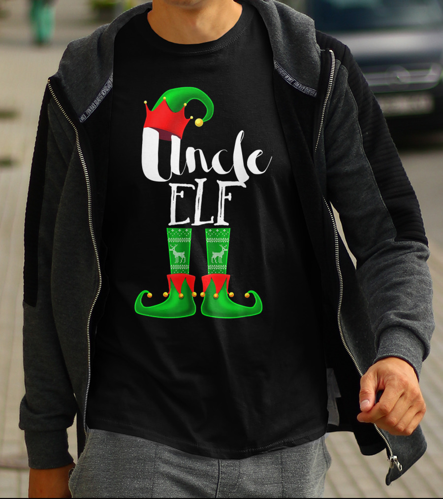 Uncle Elf Christmas Outfit With Santa Hat And Festive Green Boots T-Shirt