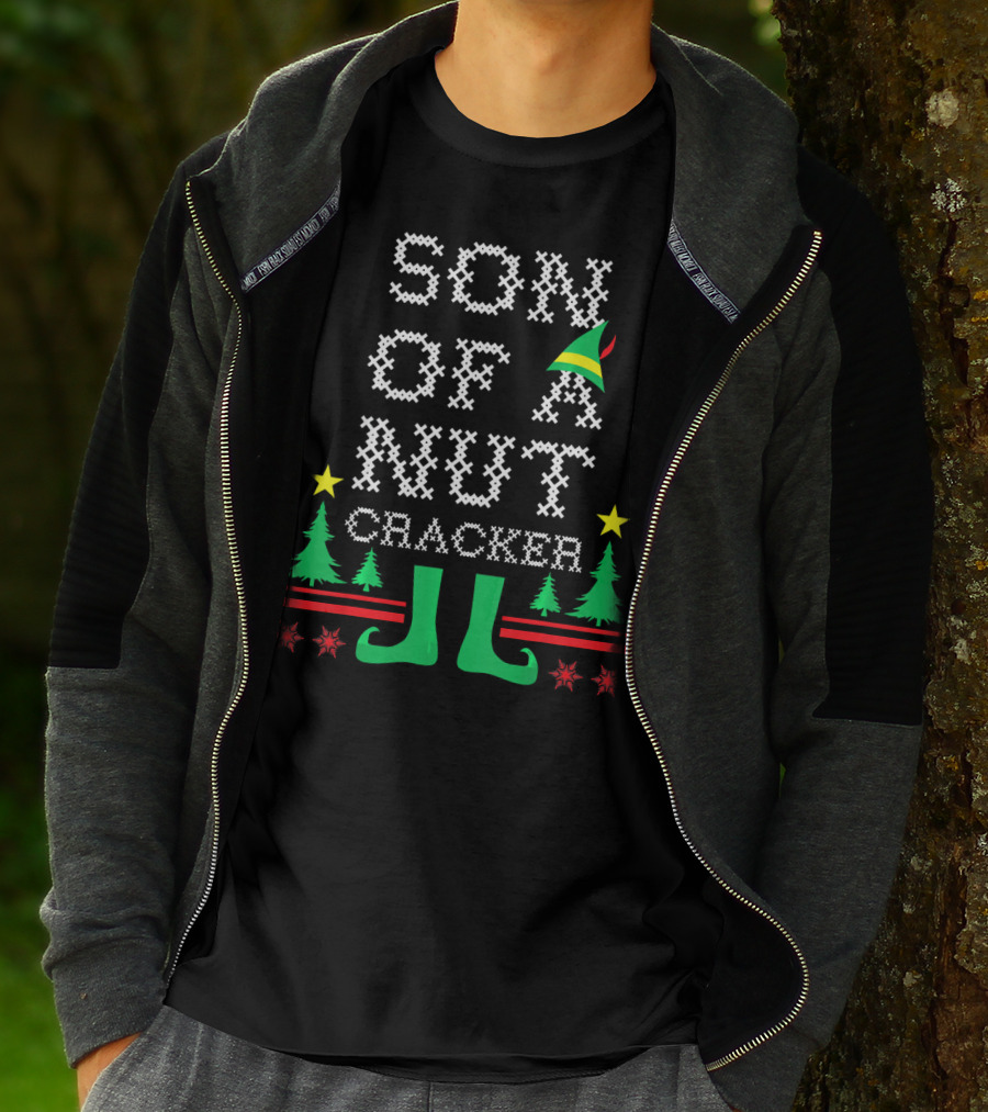Son Of A Nutcracker Ugly Christmas Elf Hat Trees Stars Snowflakes T-Shirt