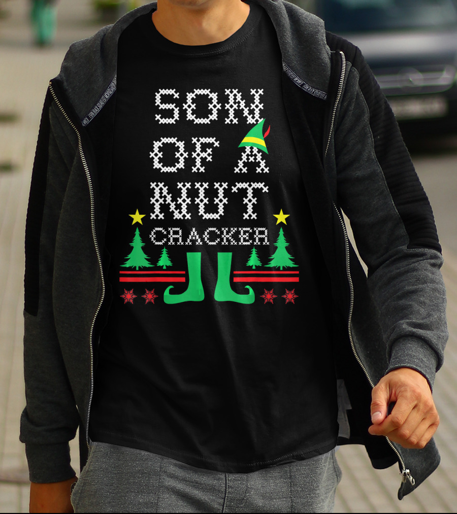Son Of A Nutcracker Ugly Christmas Elf Hat Trees Stars Snowflakes T-Shirt