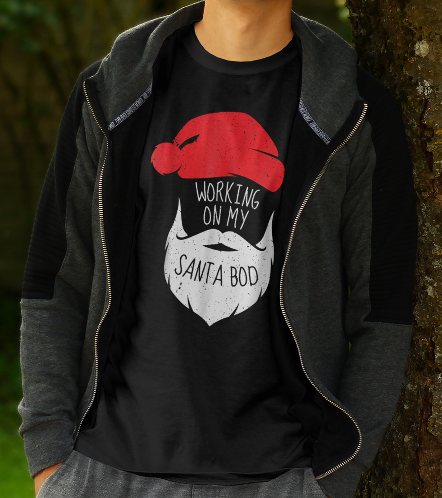 Mens Working On My Santa Bod Beard Santa Hat T-Shirt