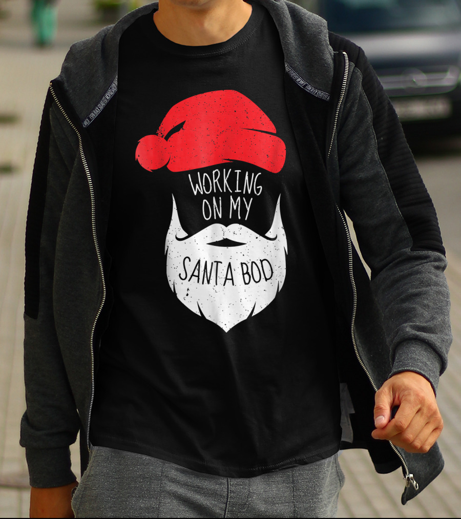Mens Working On My Santa Bod Beard Santa Hat T-Shirt