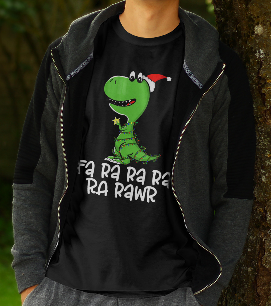 Fa Ra Ra Ra Rawr Dinosaur Christmas Lights Santa Hat T-Shirt