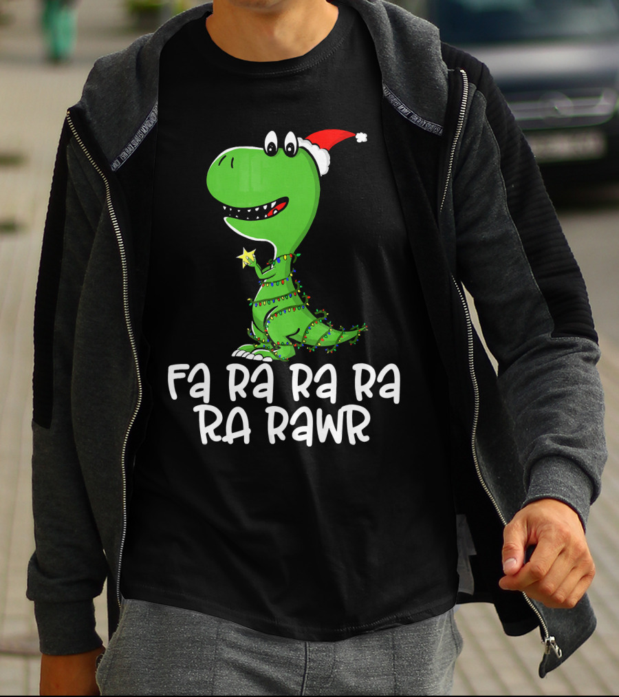 Fa Ra Ra Ra Rawr Dinosaur Christmas Lights Santa Hat T-Shirt