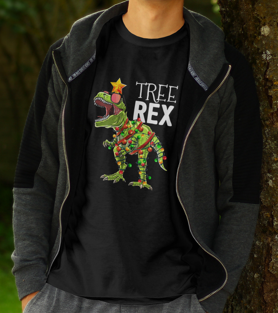 Tree Rex Dinosaur With Christmas Lights And Star T-Shirt