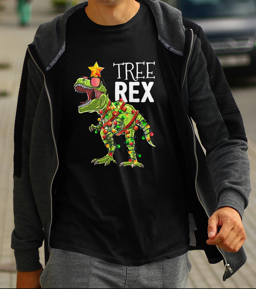 Tree Rex Dinosaur With Christmas Lights And Star T-Shirt