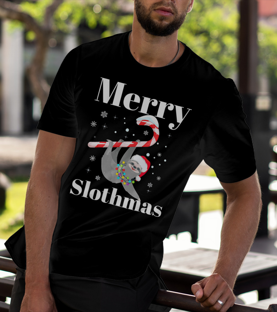 Merry Slothmas Christmas Sloths Candy Cane Santa Hat Snowflakes T-Shirt