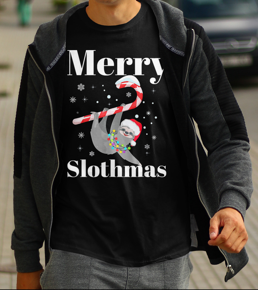 Merry Slothmas Christmas Sloths Candy Cane Santa Hat Snowflakes T-Shirt