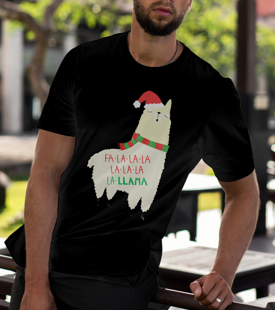 Fa La La La Llama Holiday Llama In Santa Hat And Scarf T-Shirt