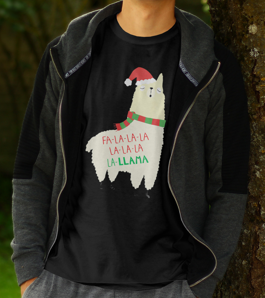 Fa La La La Llama Holiday Llama In Santa Hat And Scarf T-Shirt