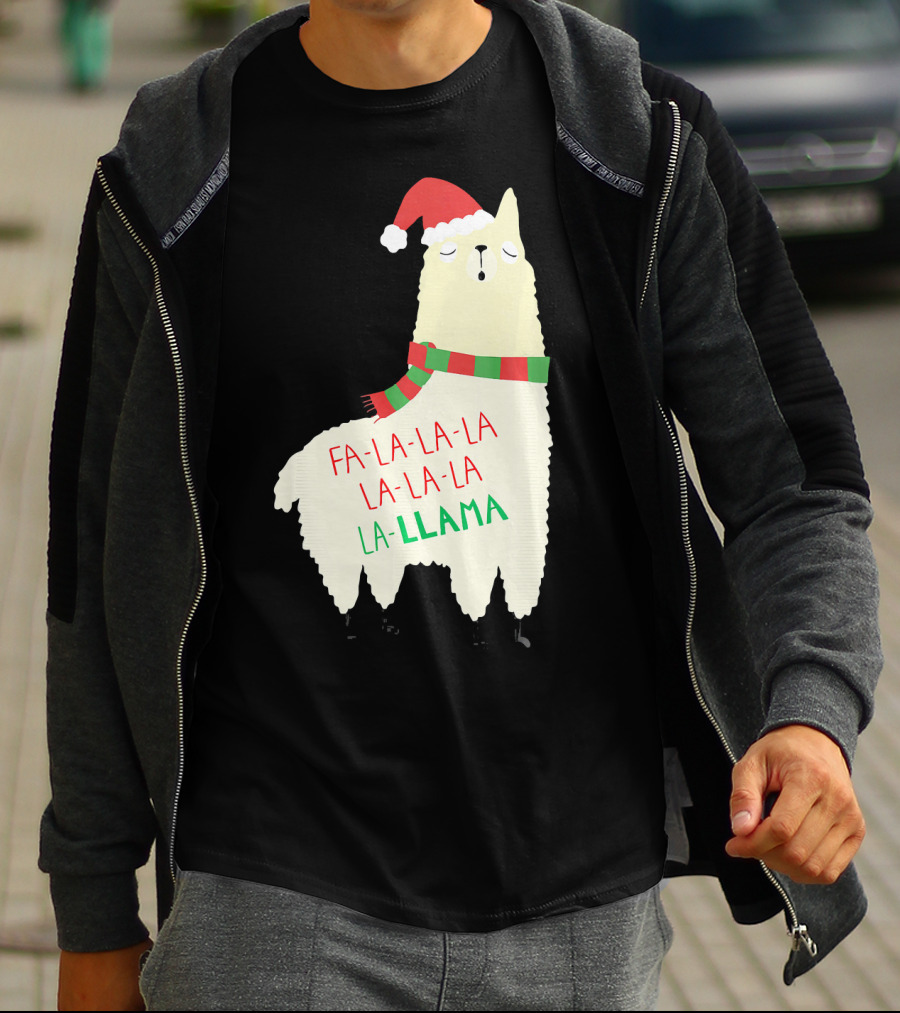 Fa La La La Llama Holiday Llama In Santa Hat And Scarf T-Shirt