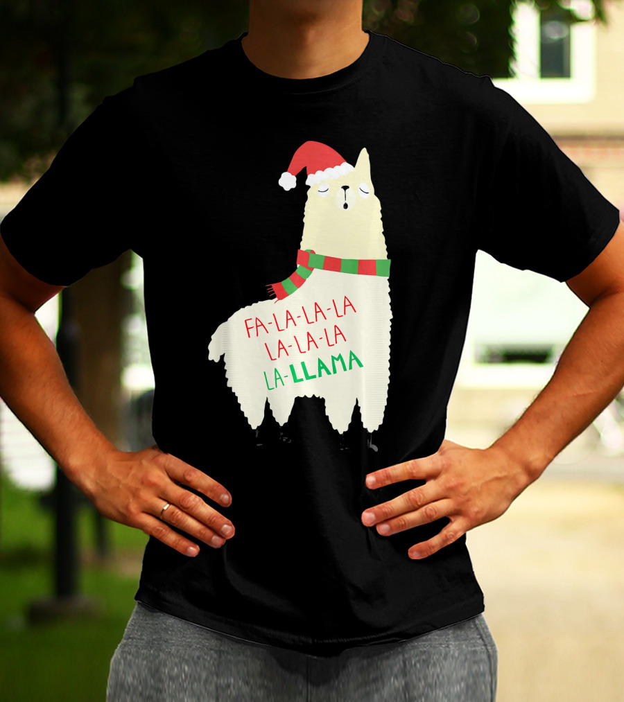 Fa La La La Llama Holiday Llama In Santa Hat And Scarf T-Shirt