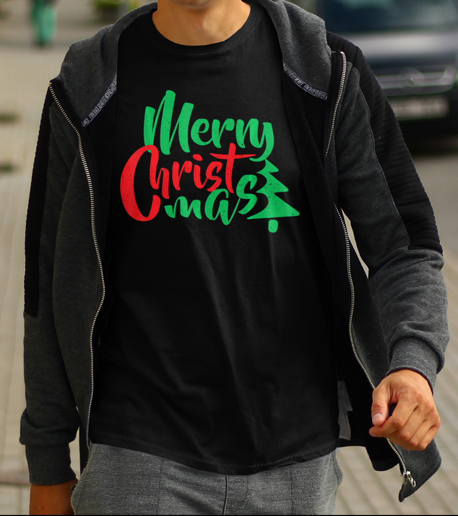 Merry Christmas Tree Design In Festive Red And Green T-Shirt