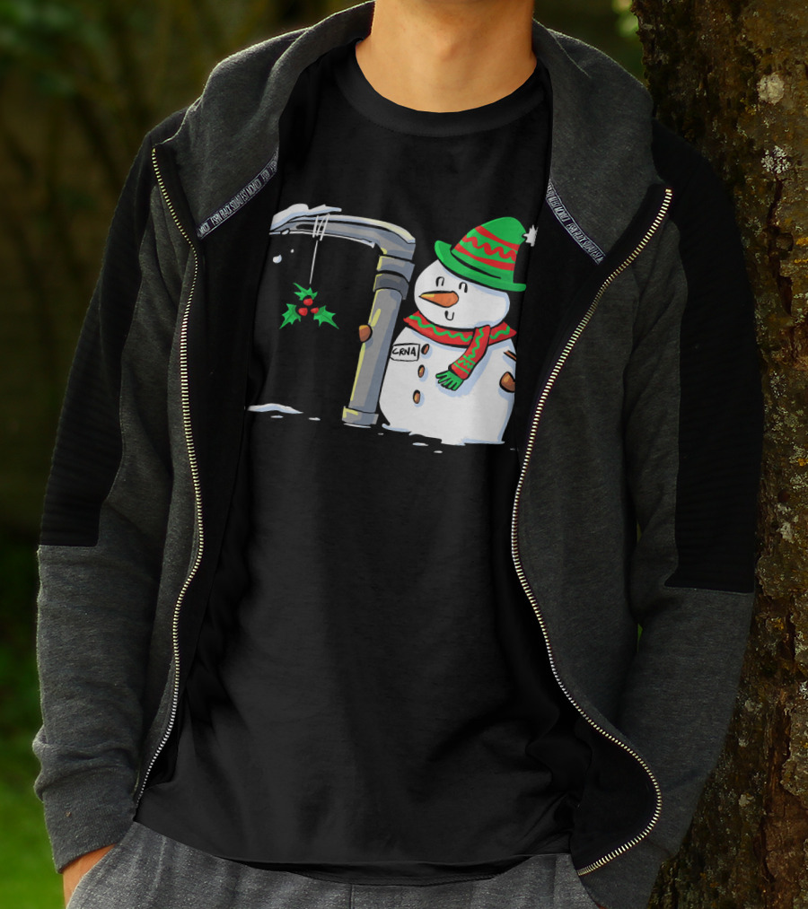 Snowman With Mac 3 Anesthesia Wearing Holiday Hat And Scarf With Holly Decor T-Shirt