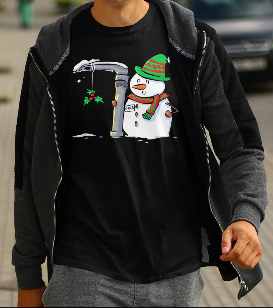 Snowman With Mac 3 Anesthesia Wearing Holiday Hat And Scarf With Holly Decor T-Shirt