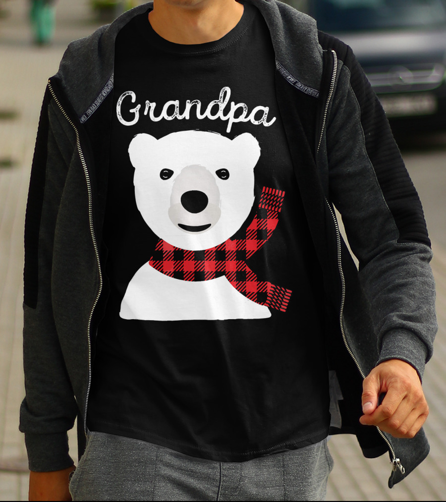 Grandpa Christmas Bear With Red Plaid Scarf Family Matching T-Shirt