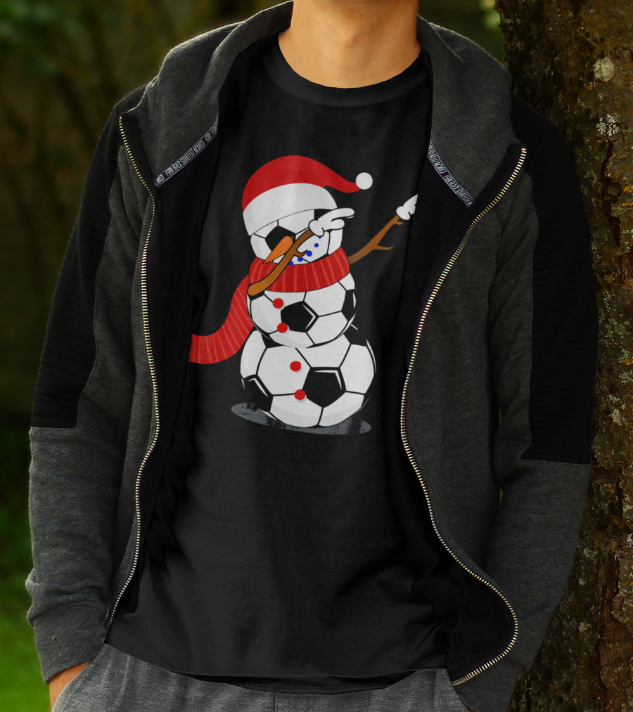 Festive Soccer Ball Dabbing Snowman With Santa Hat And Scarf T-Shirt