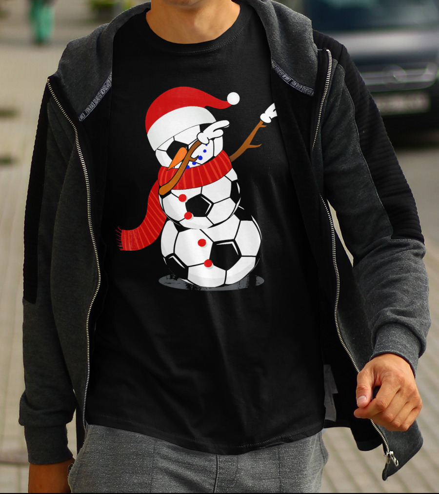Festive Soccer Ball Dabbing Snowman With Santa Hat And Scarf T-Shirt
