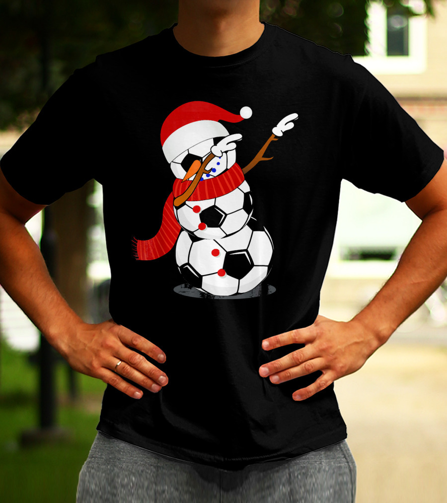 Festive Soccer Ball Dabbing Snowman With Santa Hat And Scarf T-Shirt