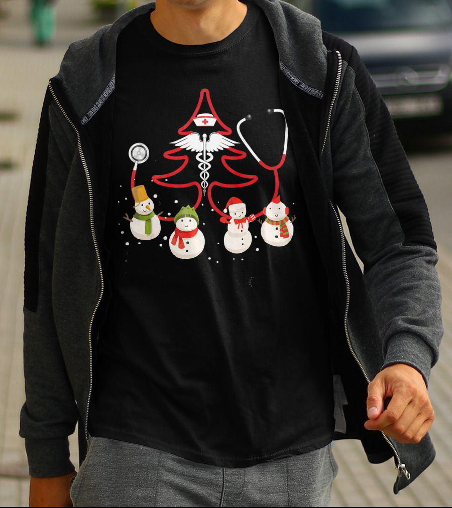 Nurse Christmas Costume Funny Chris Snowmen Stethoscope Tree T-Shirt