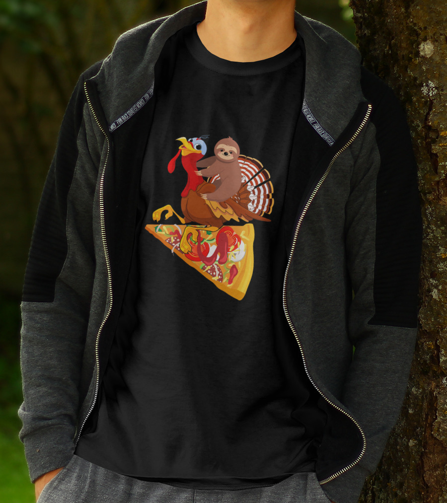 Sloth Riding Turkey On Pizza Slice Surreal Fun T-Shirt
