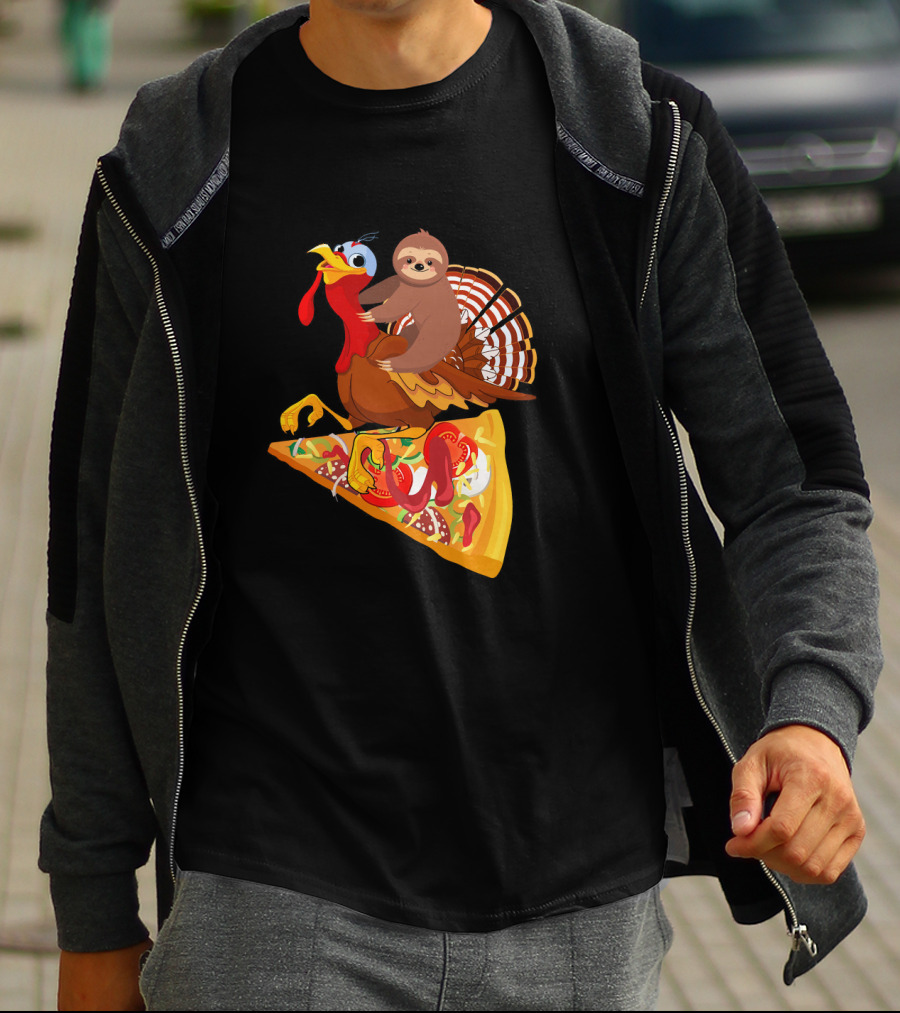 Sloth Riding Turkey On Pizza Slice Surreal Fun T-Shirt