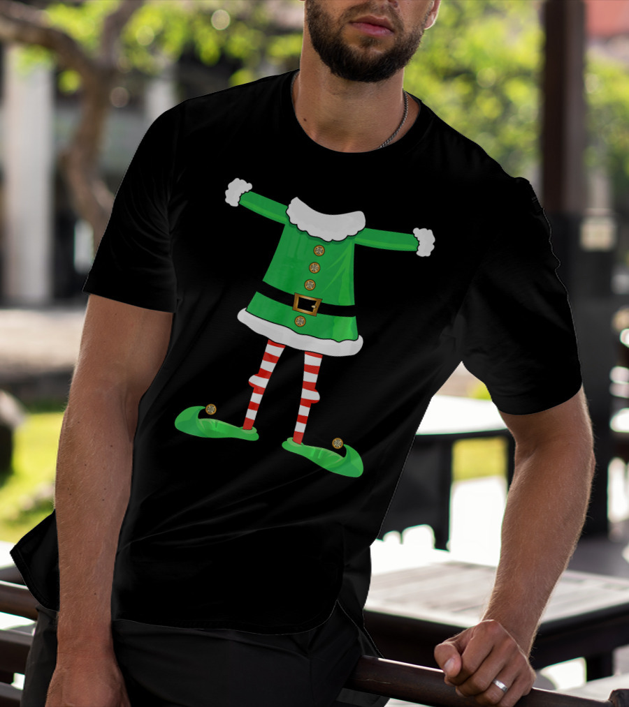 Santa Elf Suit Green Costume With Red Striped Tights And Green Shoes T-Shirt