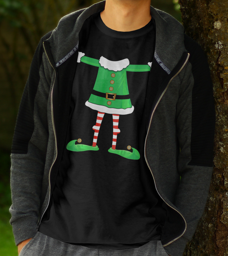 Santa Elf Suit Green Costume With Red Striped Tights And Green Shoes T-Shirt