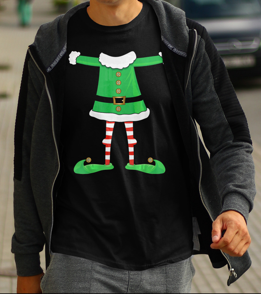 Santa Elf Suit Green Costume With Red Striped Tights And Green Shoes T-Shirt