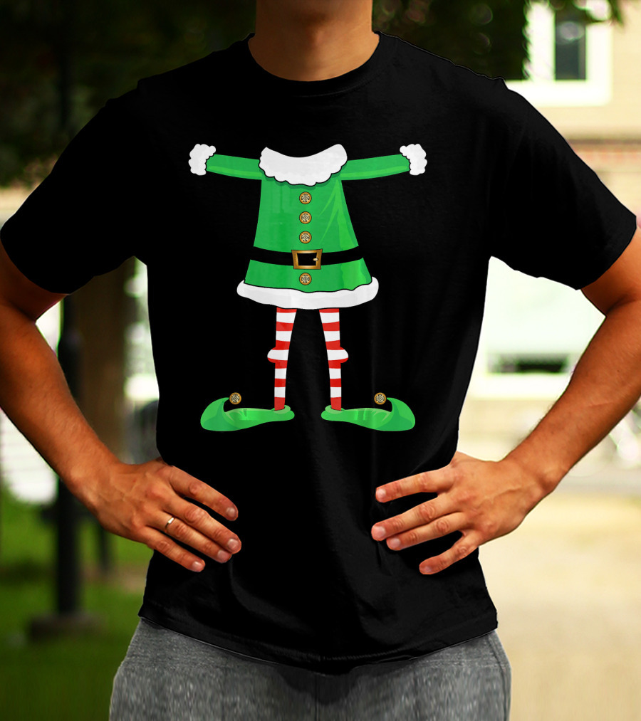Santa Elf Suit Green Costume With Red Striped Tights And Green Shoes T-Shirt