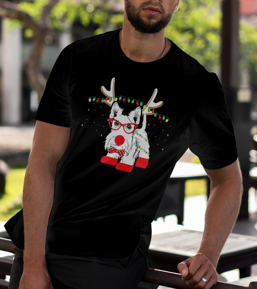 Scottie Dog Christmas Reindeer Lights And Bow Tie T-Shirt