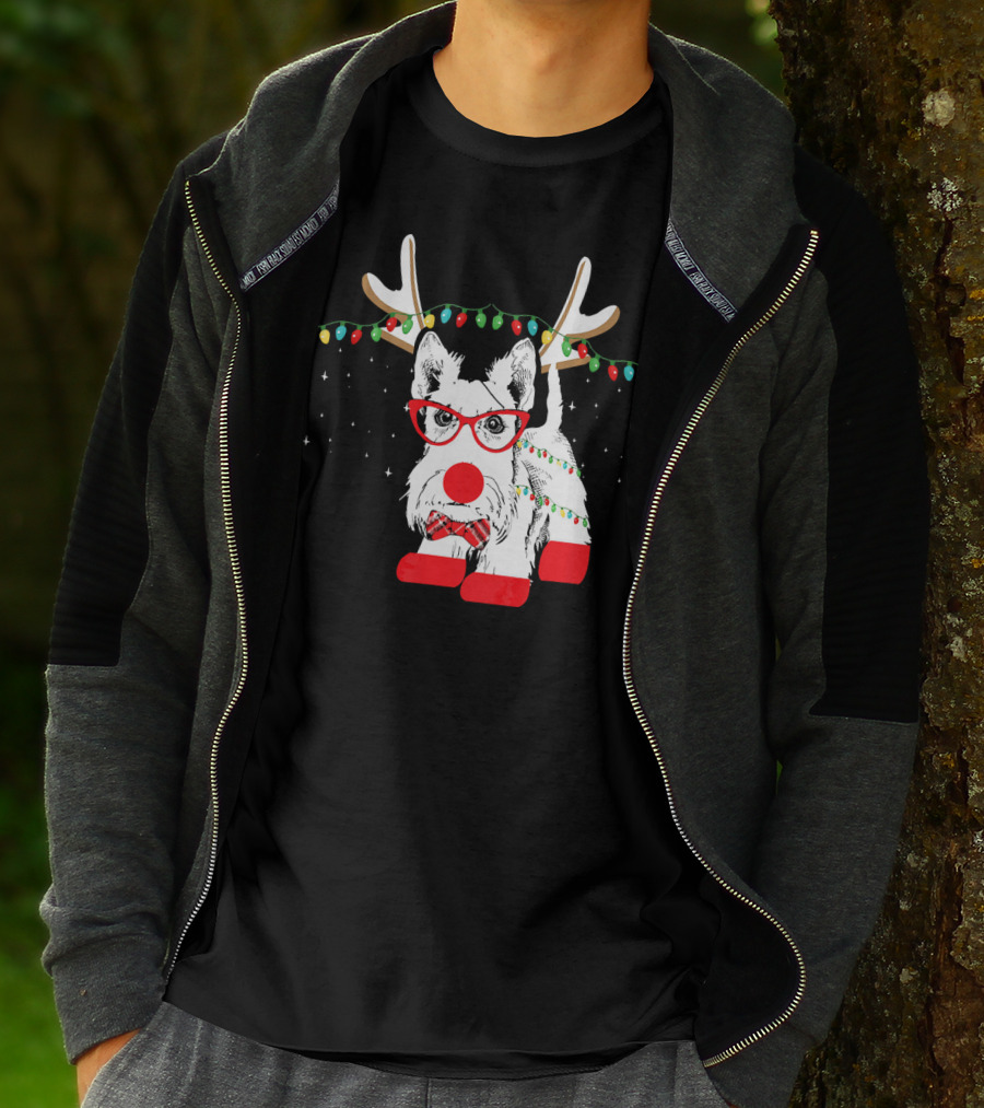 Scottie Dog Christmas Reindeer Lights And Bow Tie T-Shirt