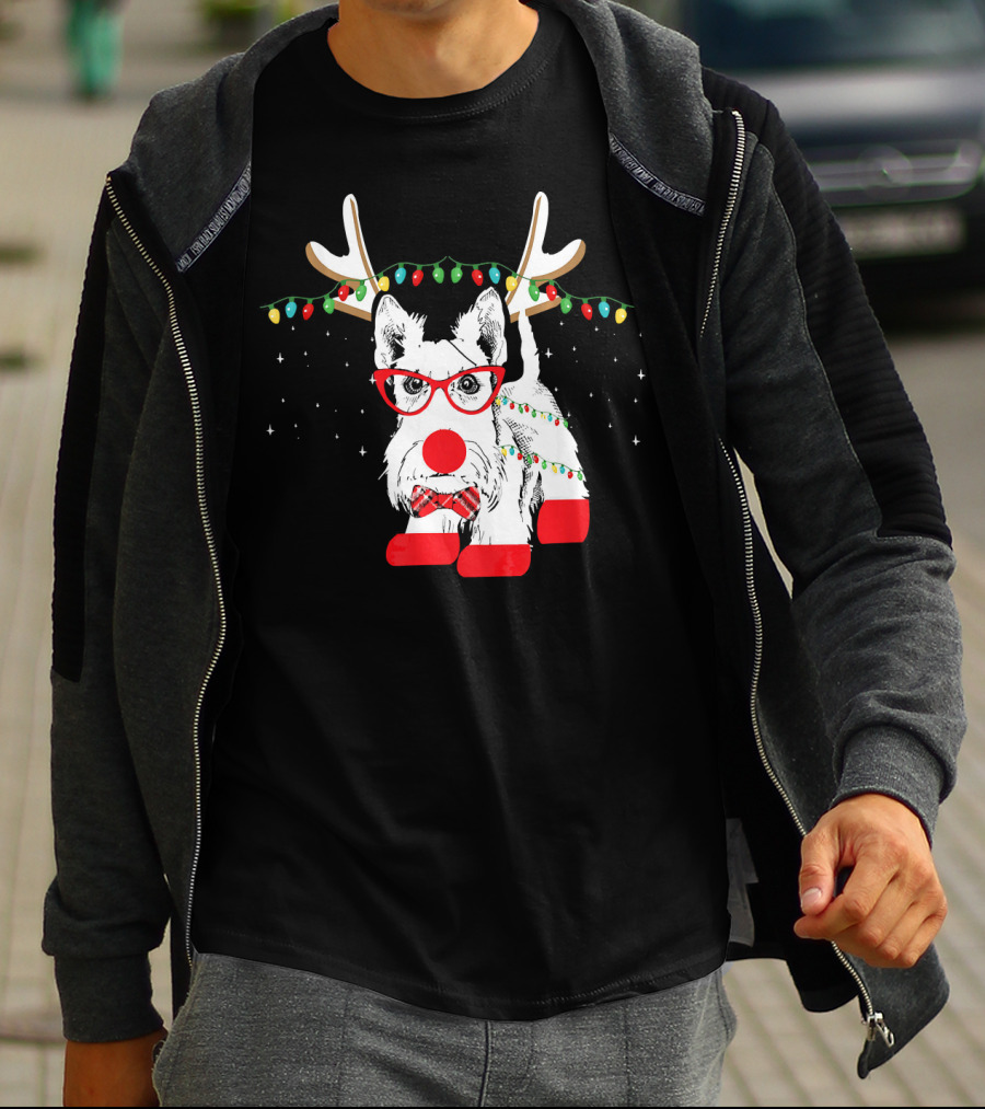 Scottie Dog Christmas Reindeer Lights And Bow Tie T-Shirt
