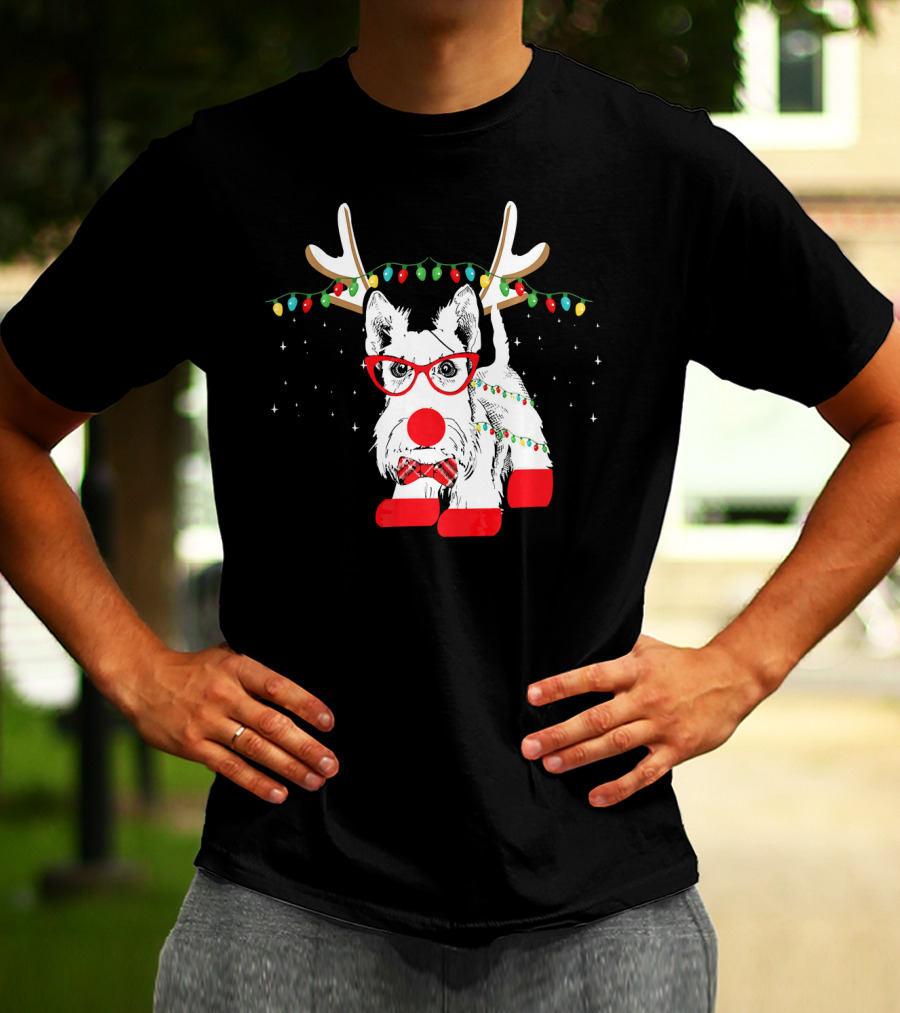 Scottie Dog Christmas Reindeer Lights And Bow Tie T-Shirt