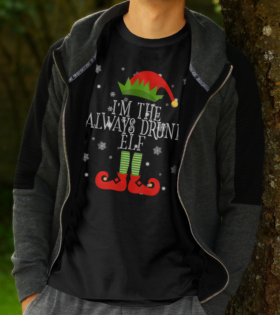 I'm The Always Drunk Christmas Elf Snowflakes Red Hat Green Striped Socks T-Shirt