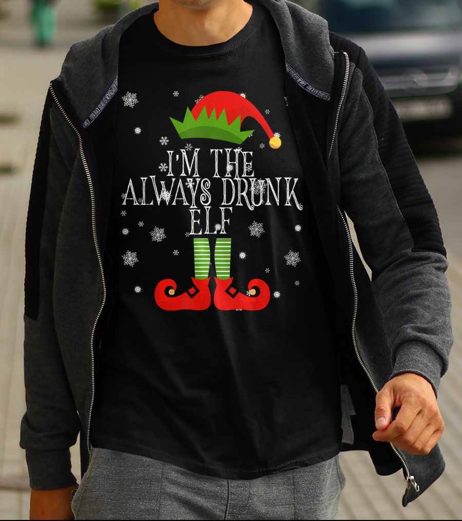 I'm The Always Drunk Christmas Elf Snowflakes Red Hat Green Striped Socks T-Shirt