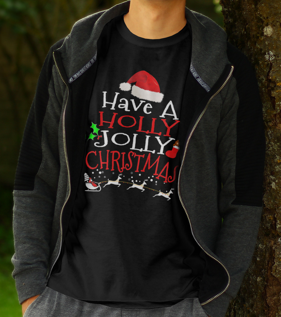 Have A Holly Jolly Christmas Santa Hat Reindeer Sleigh T-Shirt