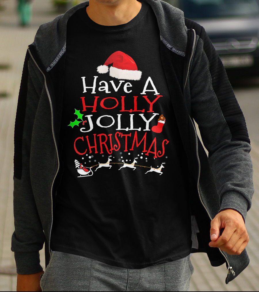 Have A Holly Jolly Christmas Santa Hat Reindeer Sleigh T-Shirt