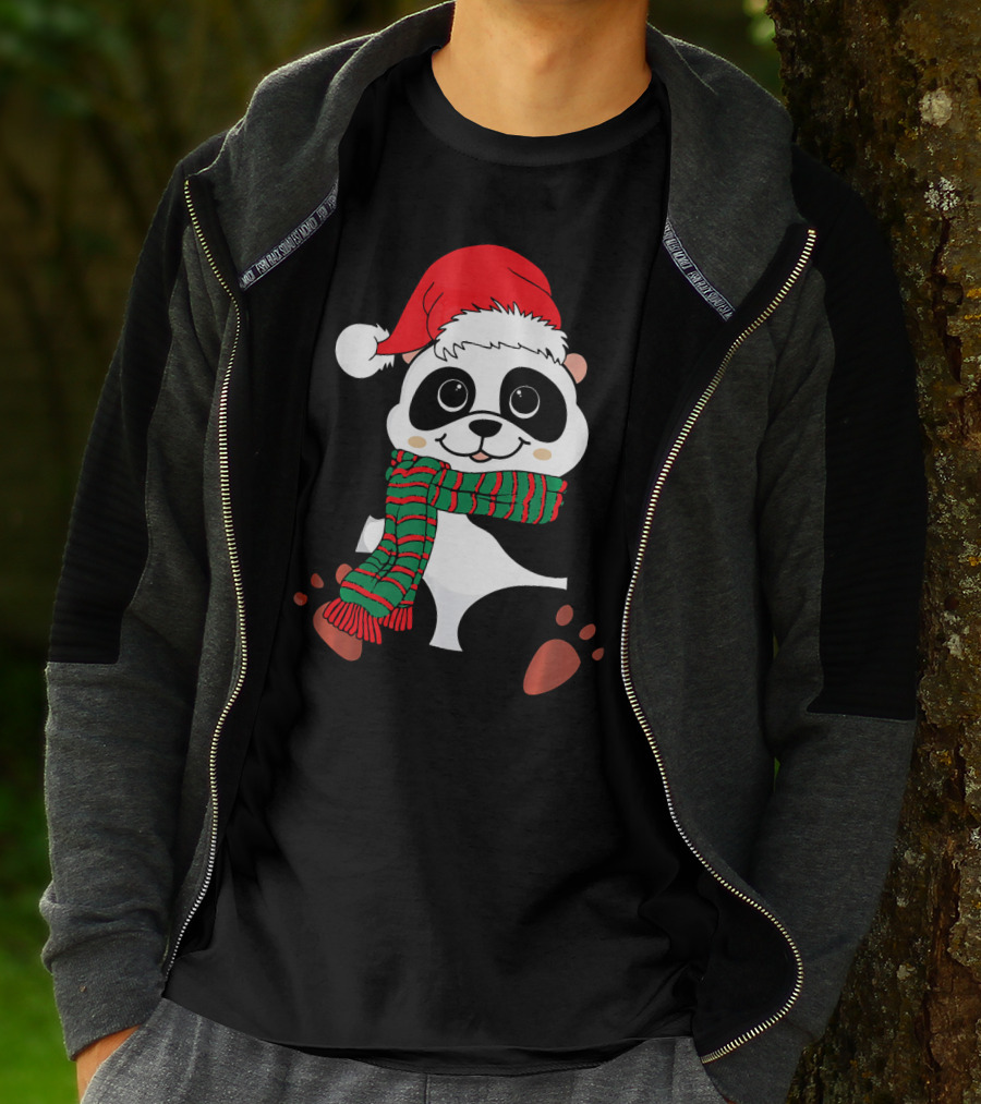 Christmas Panda In Santa Hat And Scarf Winter Vacation T-Shirt