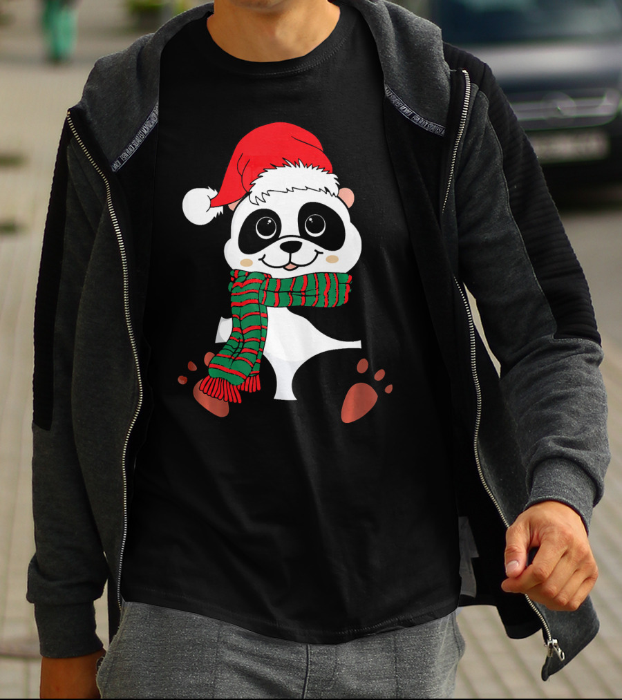 Christmas Panda In Santa Hat And Scarf Winter Vacation T-Shirt