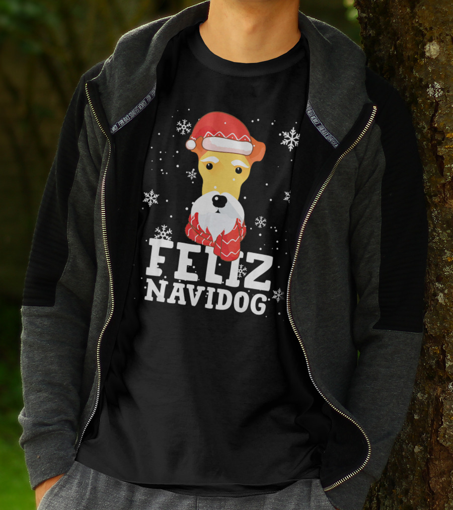 Feliz Navidog Fox Terrier Wire Dog Santa Hat Snowflakes T-Shirt