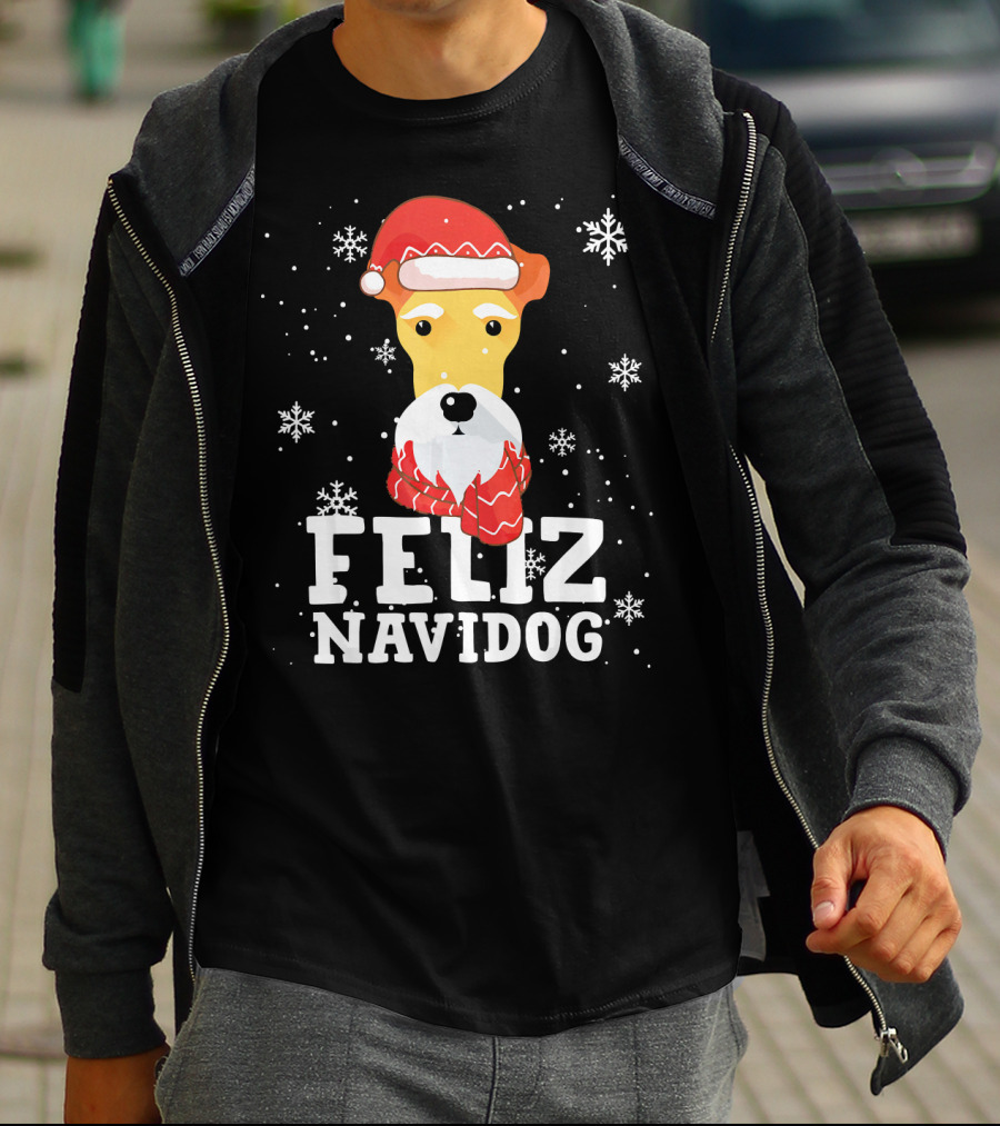 Feliz Navidog Fox Terrier Wire Dog Santa Hat Snowflakes T-Shirt