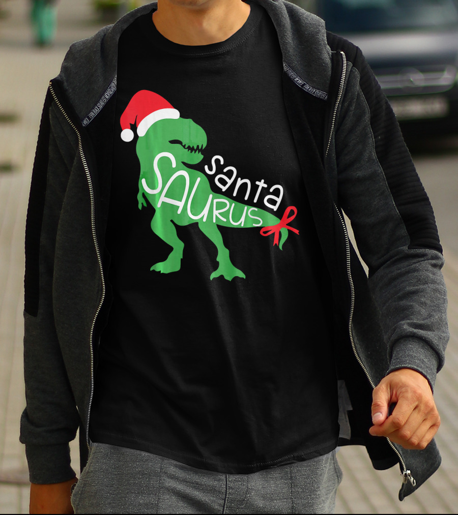 T Rex Dinosaur Santa Saurus Merry Funny Christmas Hat T-Shirt