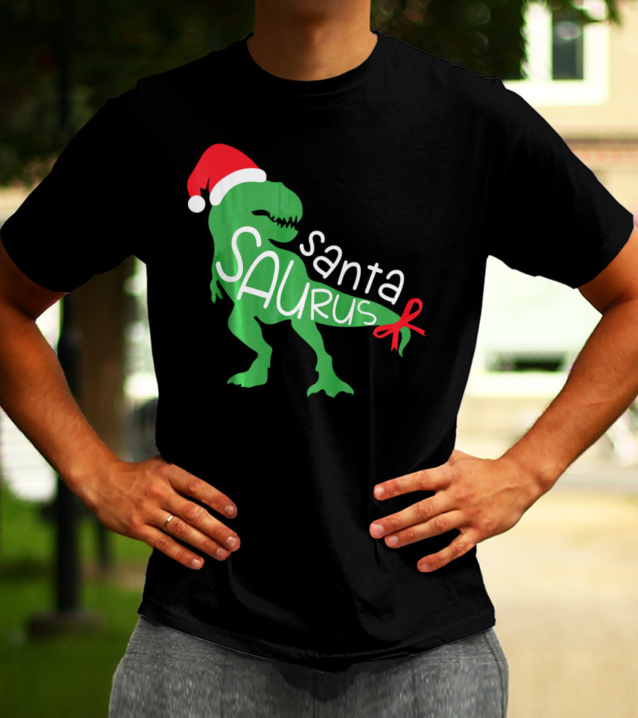 T Rex Dinosaur Santa Saurus Merry Funny Christmas Hat T-Shirt